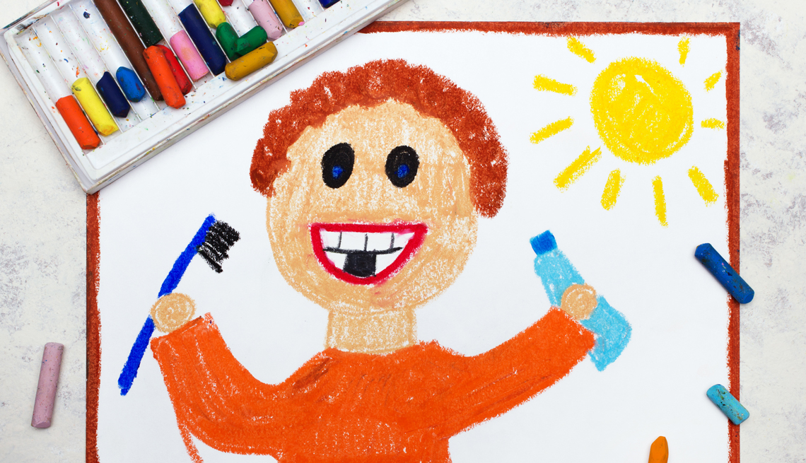 a childs drawing of a smiling boy holding toothpaste and a toothbrush