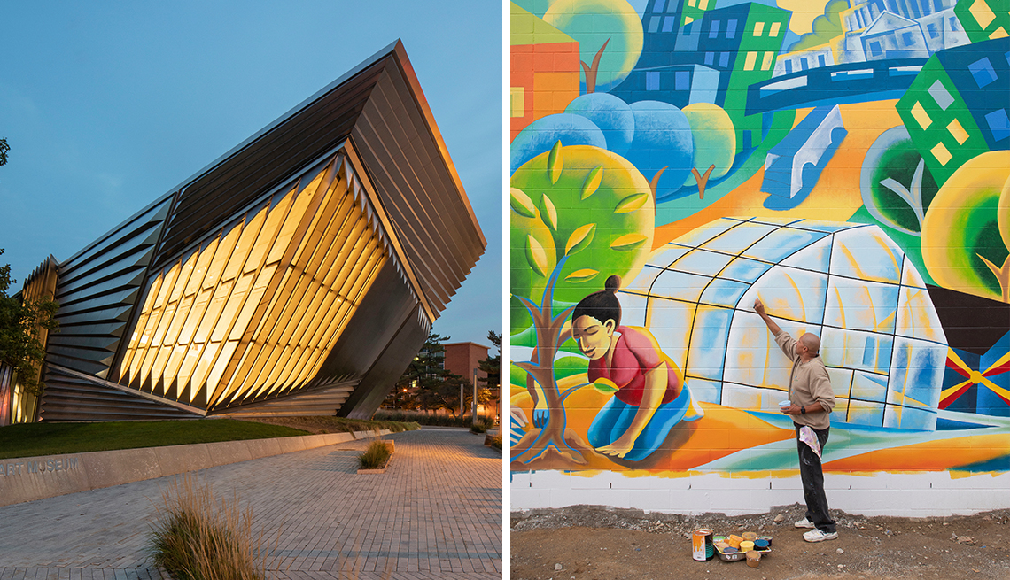 Izquierda: The Eli and Edythe Broad Art Museum en East Lansing, Michigan. Derecha: Artista Brian Whitfield pinta un mural en el vecindario de Allen, Lansing, Michigan.