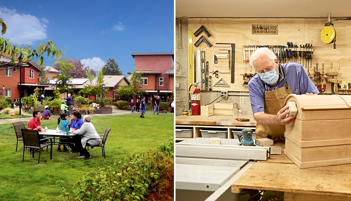two photos one shows a community outdoor area and the other shows a man in a woodworking shop