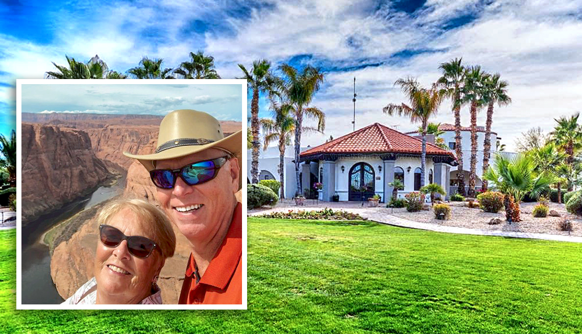 beautiful home in the desert with a lawn and palm trees with an inset of linda and anthony casablanca