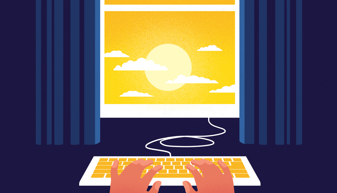 Ilustración de unas manos digitando en un teclado conectado a una ventana con un día soleado
