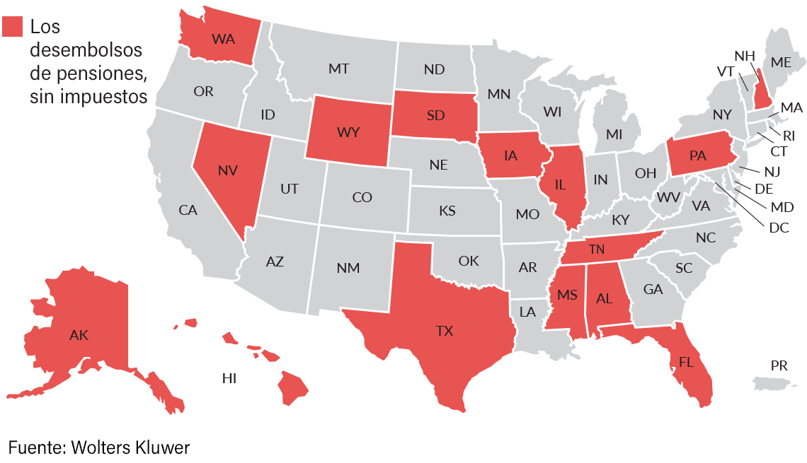 mapa con 14 estados que no cobran impuestos sobre las pensiones