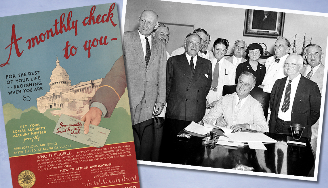 item 1 of Gallery image - collage of an early social security informational pamphlet and a photo of franklin delano roosevelt signing the social security act into law in 1935