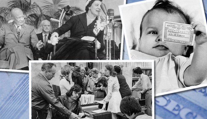 item 3 of Gallery image image collage of president eisenhower attending a meeting of handicapped people a baby holding a social security card and a man helping his adult son fill out a social security application