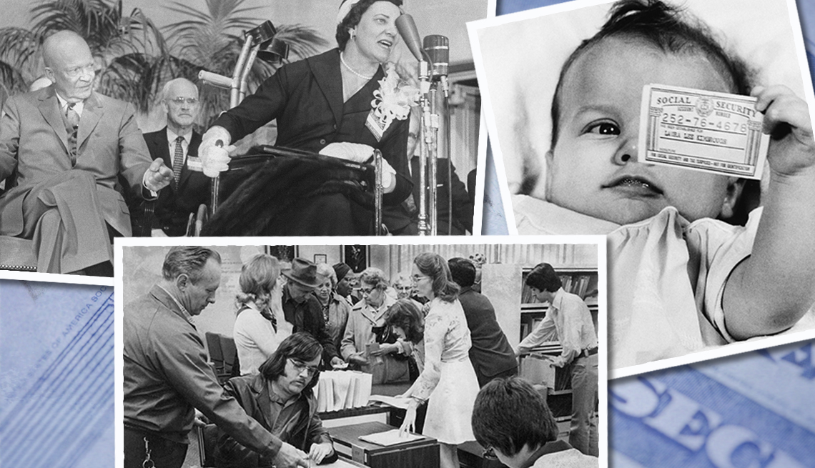 item 3 of Gallery image - image collage of president eisenhower attending a meeting of handicapped people a baby holding a social security card and a man helping his adult son fill out a social security application