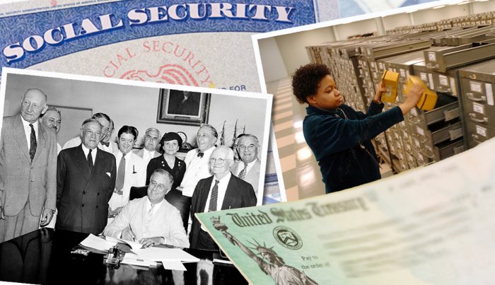 collage of photos illustrating a few events and eras in the evolution of social security since it was signed in to law in 1935