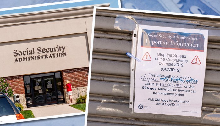 item 8 of Gallery image front of a social security administration building and a sign taped to another office front announcing closure due to covid nineteen