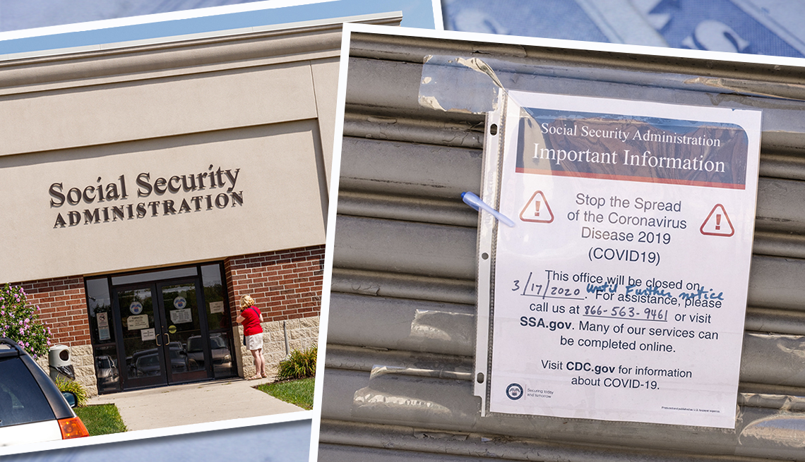 front of a social security administration building and a sign taped to another office front announcing closure due to covid nineteen