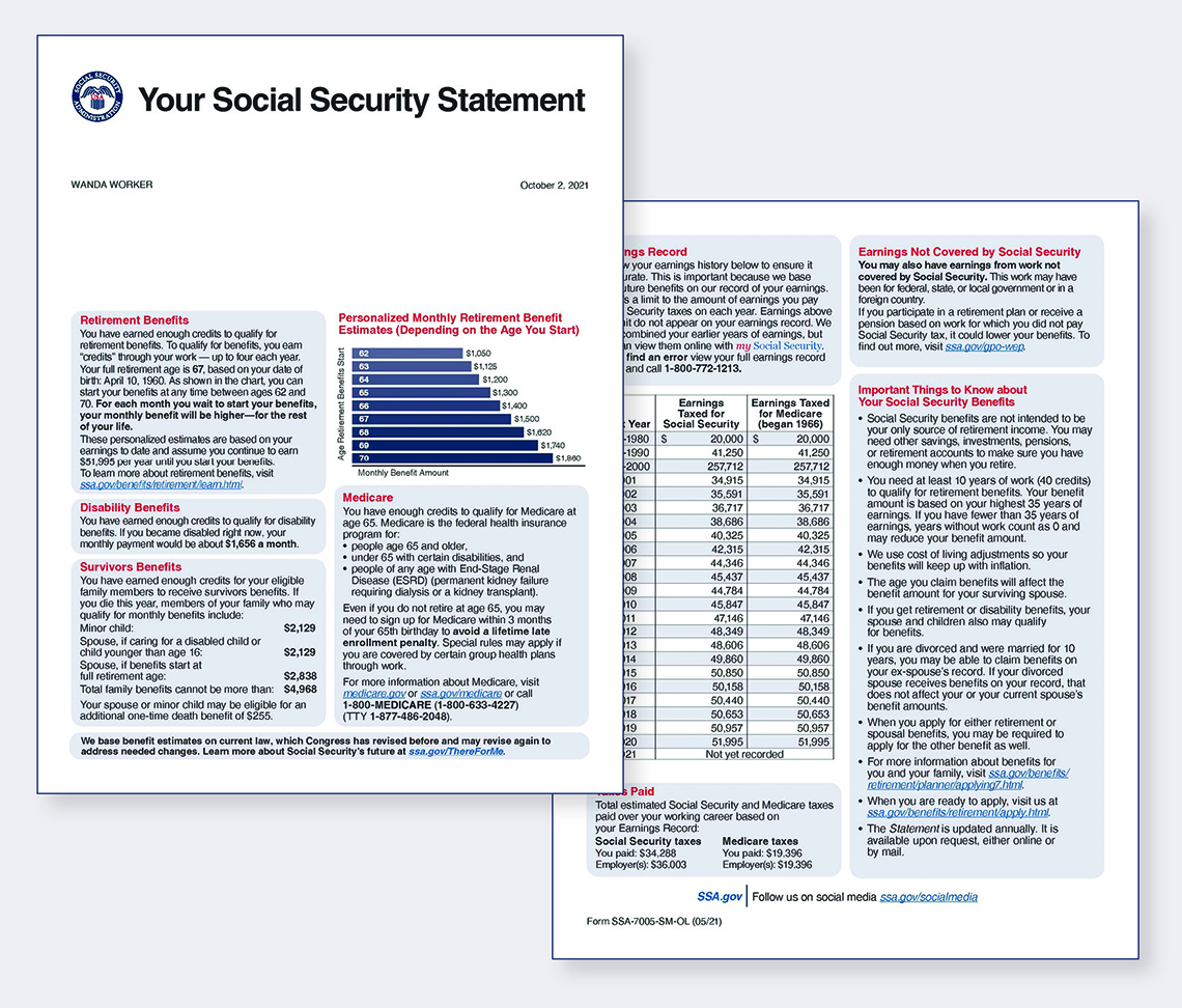 Ejemplos de dos páginas con el nuevo diseño del resumen de cuenta del Seguro Social