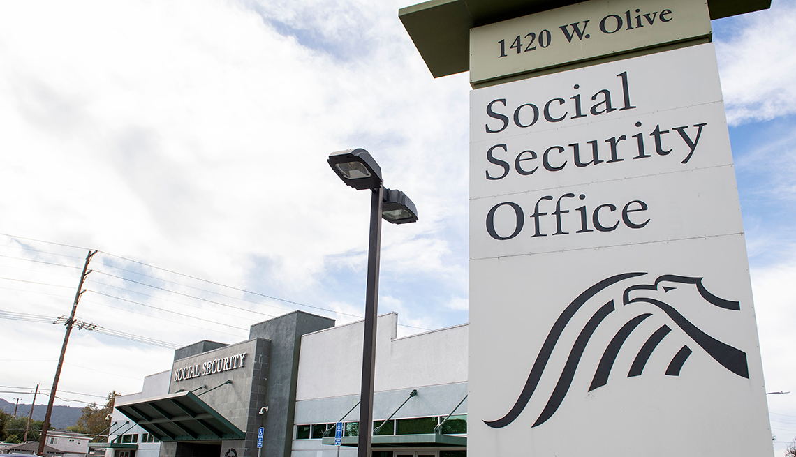 A sign is seen outside a US Social Security Administration field office building, November 5, 2020, in Burbank, California.
