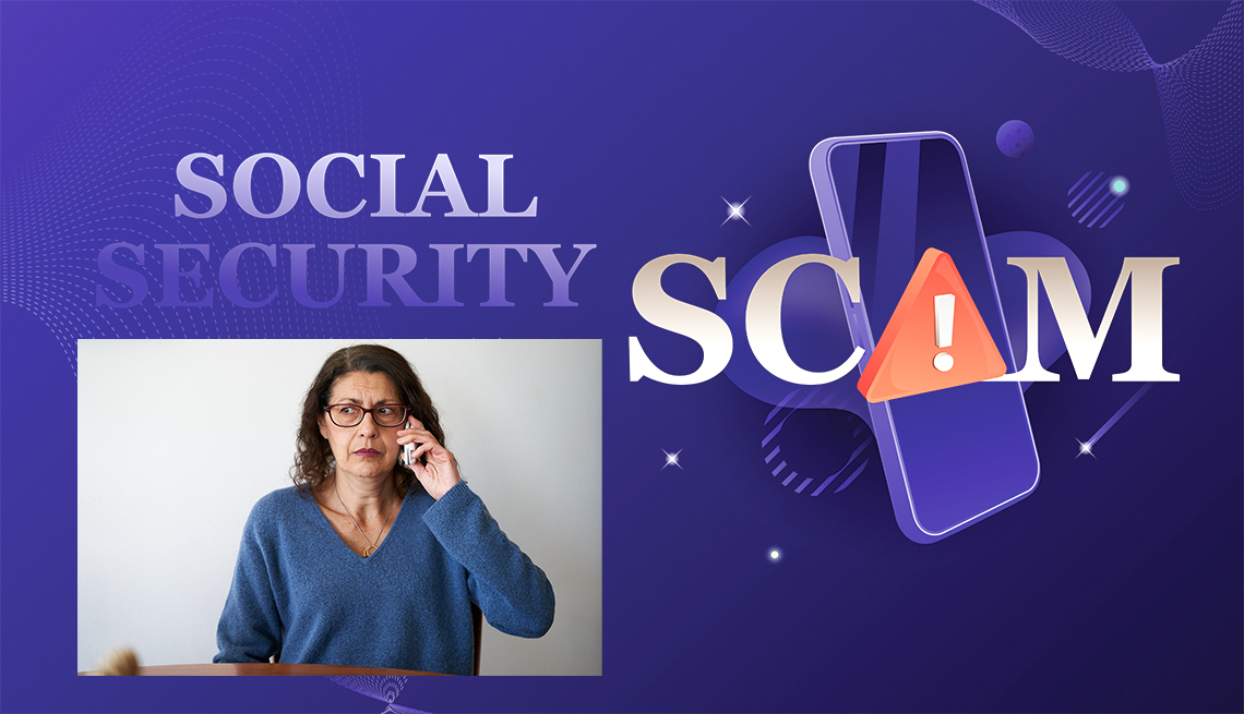   An illustration of a social security phone scam includes a photo of a worried-looking woman listening to a phone caller.