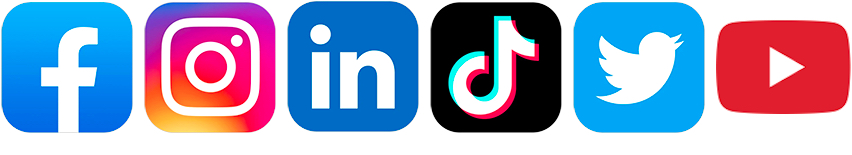 Social media logos for Facebook, Instagram, LinkedIn, TikTok, Twitter and YouTube.
