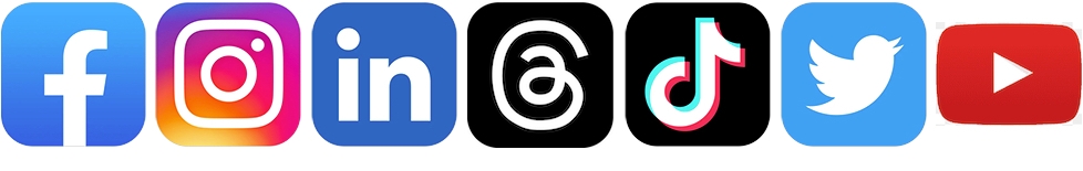 Logos for social media apps websites Facebook Instagram LinkedIn Threads TikTok Twitter YouTube