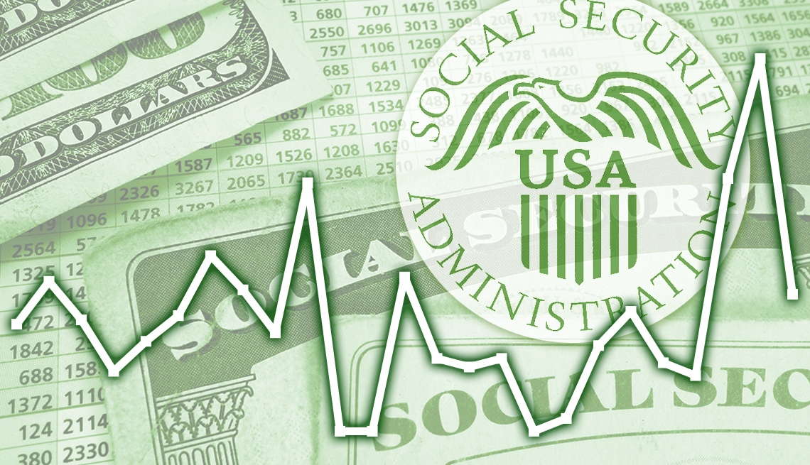 illustration collage showing a Social Security Administration emblem, two Social Security cards, a data table showing various numbers, cash and a line graph going up and down to show fluctuations