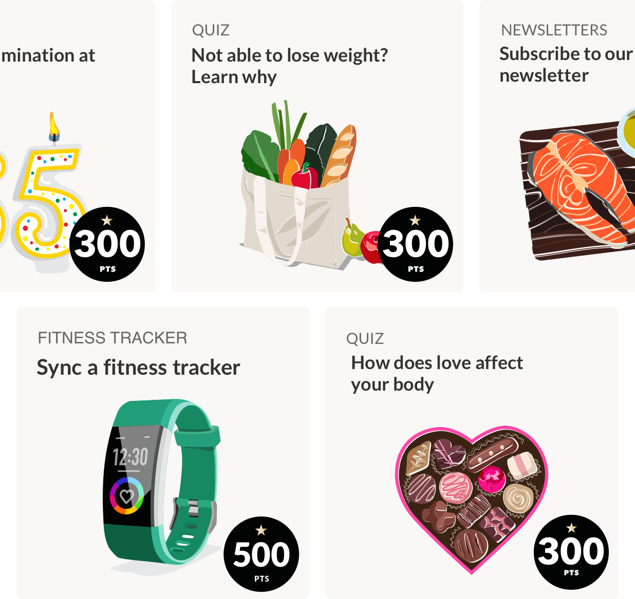 A collage of images displaying samples of Rewards earn activities including quizzes, videos,  fitness trackers and more. 