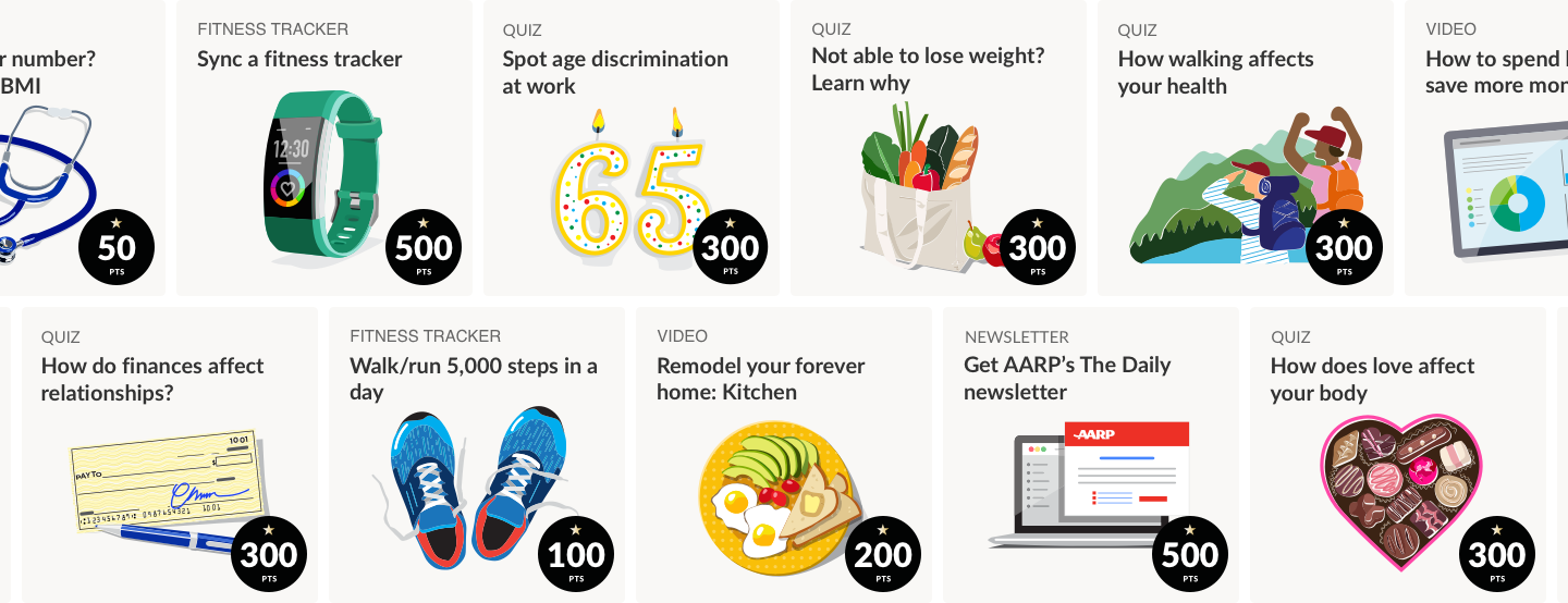 A collage of images displaying samples of Rewards earn activities including quizzes, videos, fitness trackers and more. 