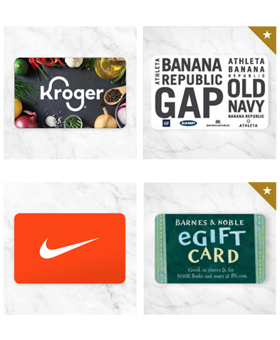 Example images of Rewards offers. Offer images are: Kroger gift card - Stock up on all the essentials, Gap gift card - Easy wear at your service, Nike gift card - Sweat it out and save with Nike gift card, Barnes & Noble gift card - Hone your skills with a new book, $20 Uber and Uber Eats gift card.