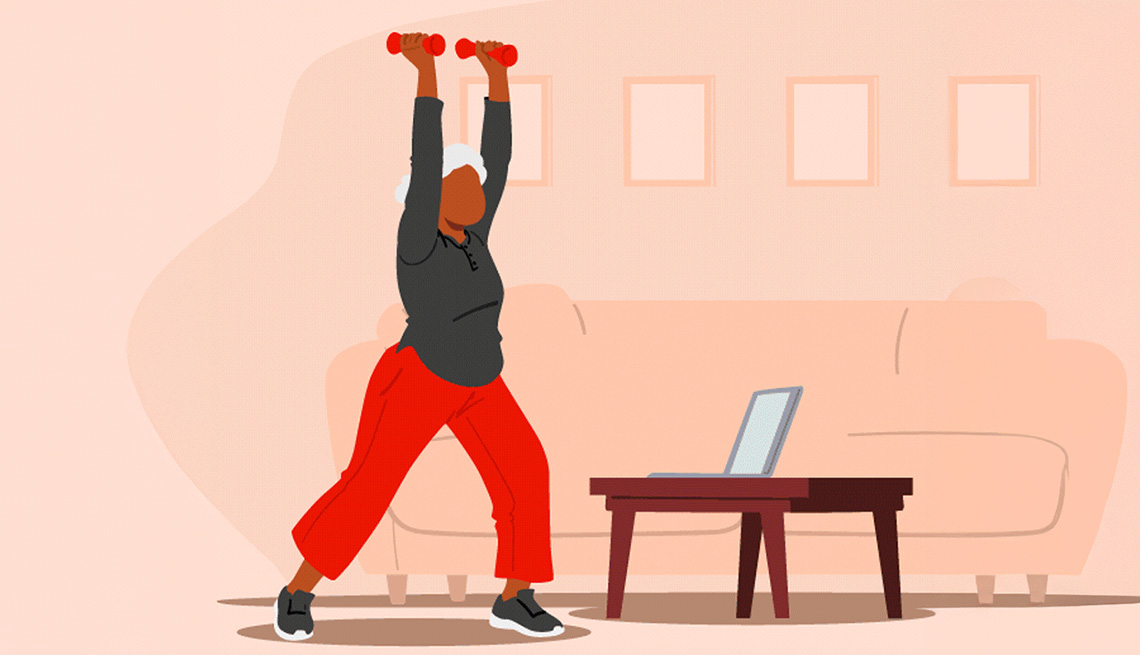 An adult lifting weights for a virtual exercise class