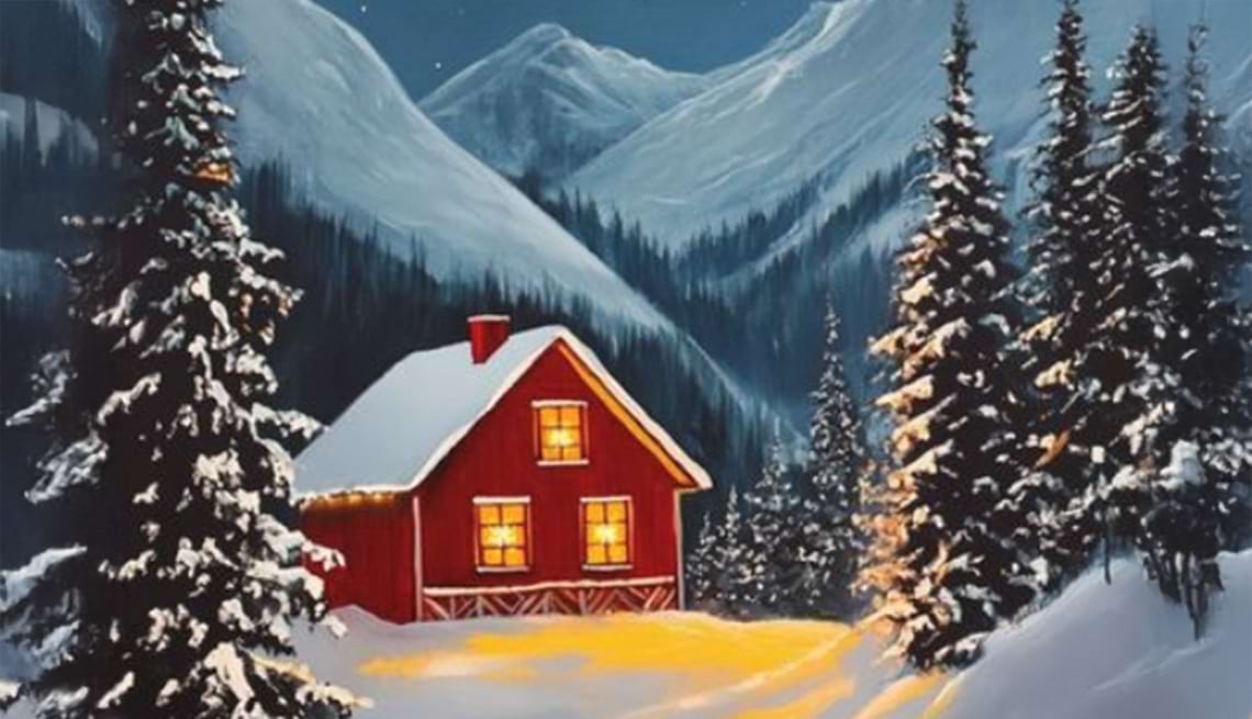 Painting of a winter cottage scene in the mountains.