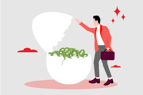 Man lifting egg with money 