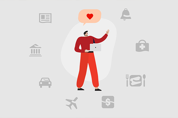 Illustration of man holding laptop surrounding by icons for different member benefits