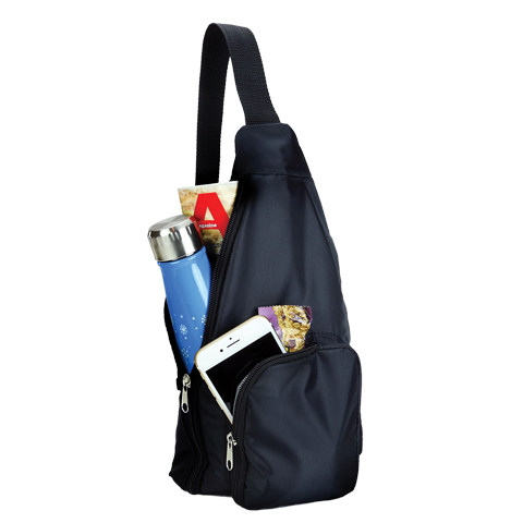 Gift option of a black single strap backpack containing water bottle, AARP magazine, cell phone, and protein bar