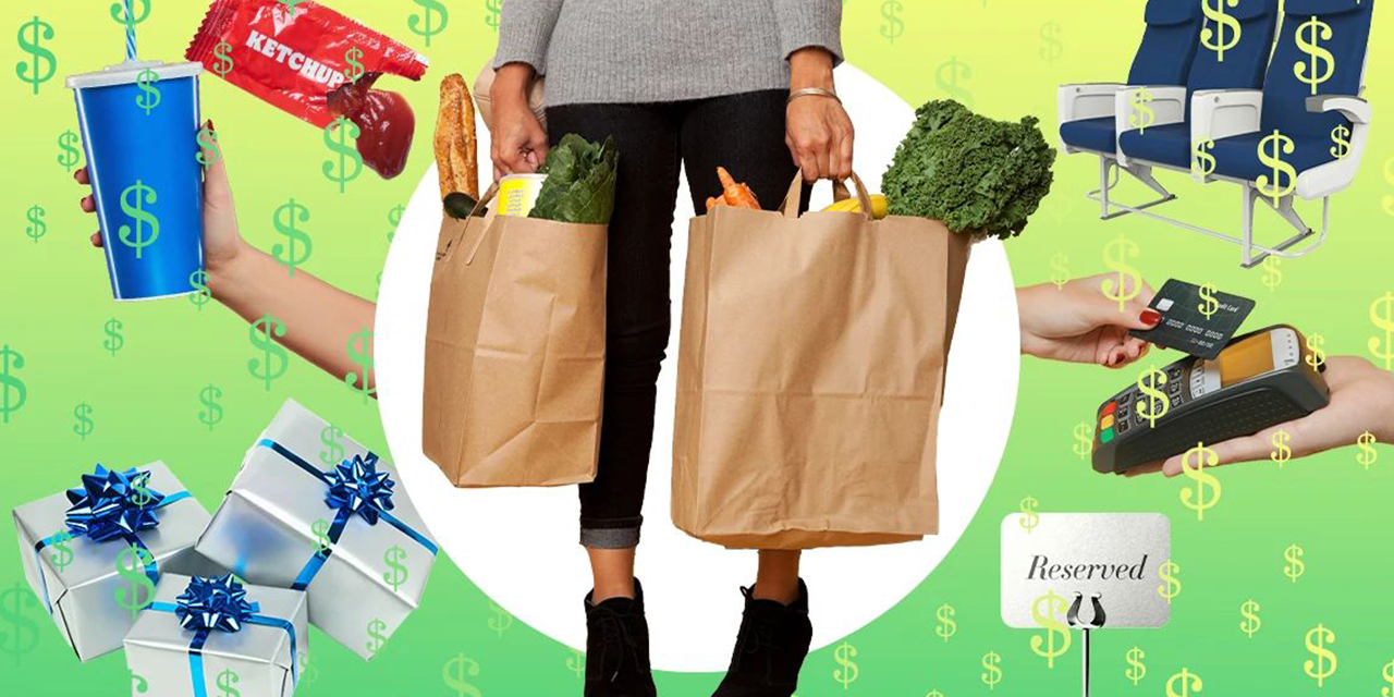 Shopper surrounded by various items.