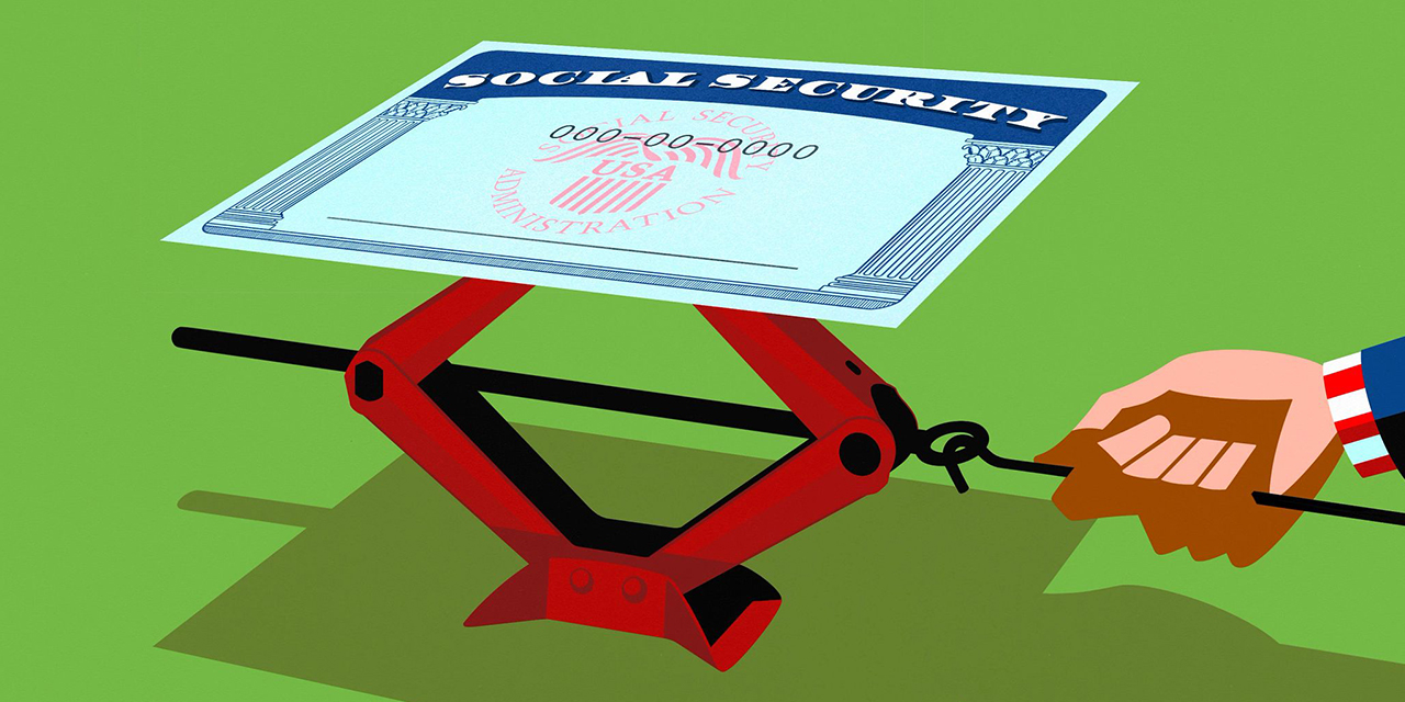 Social Security card being lifted by a floor jack.