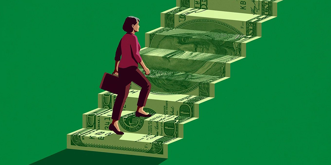 Person climbing stairs resembling money.