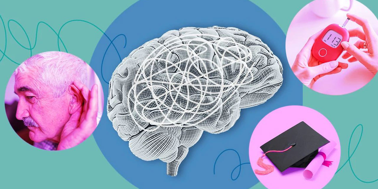 Collage of a brain surrounded by other items.