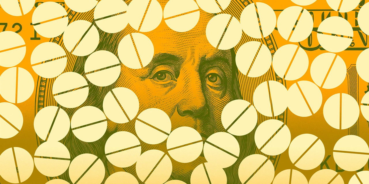 Medication surrounding a 100 dollar bill. 