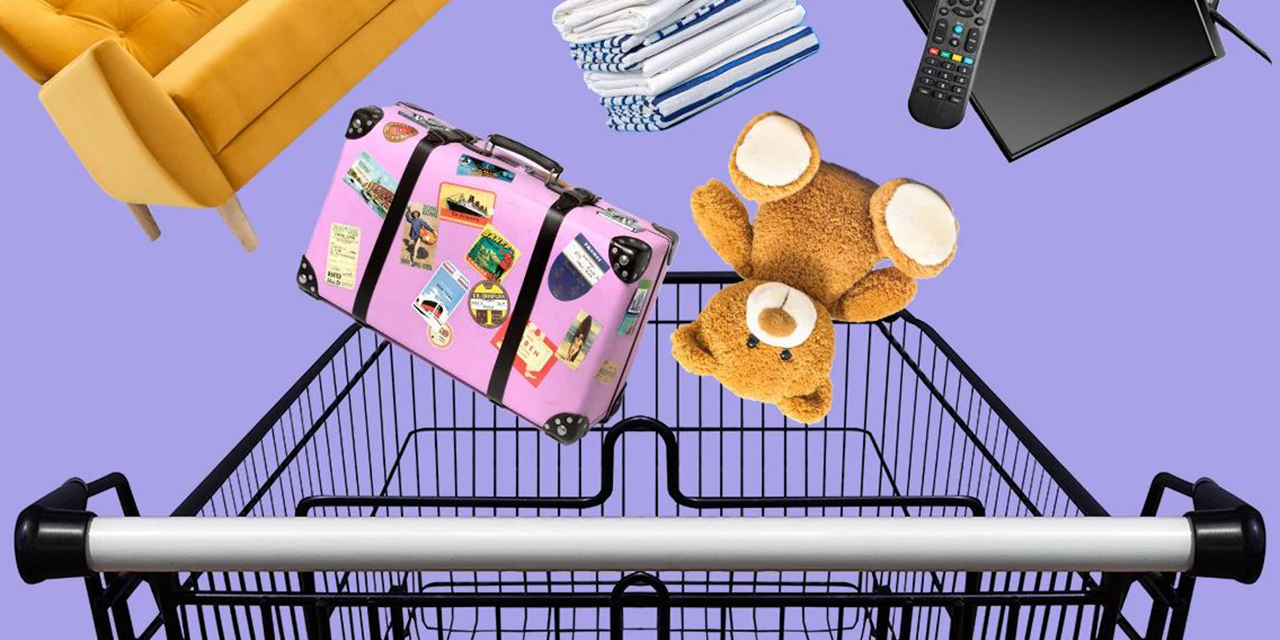 Shopping cart getting filled with items.