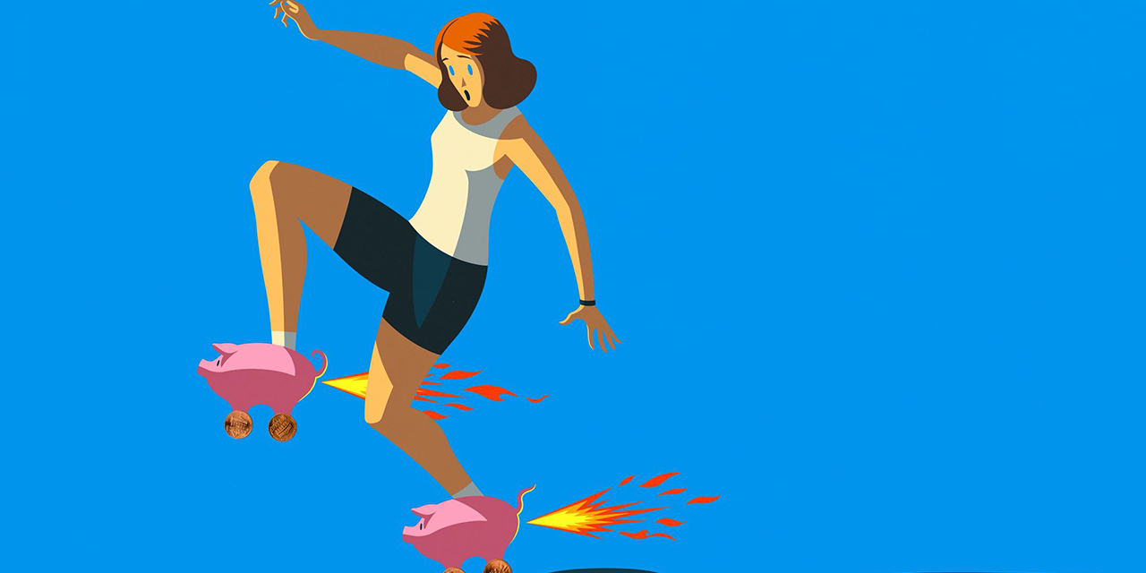 Person with piggy banks for roller skates.