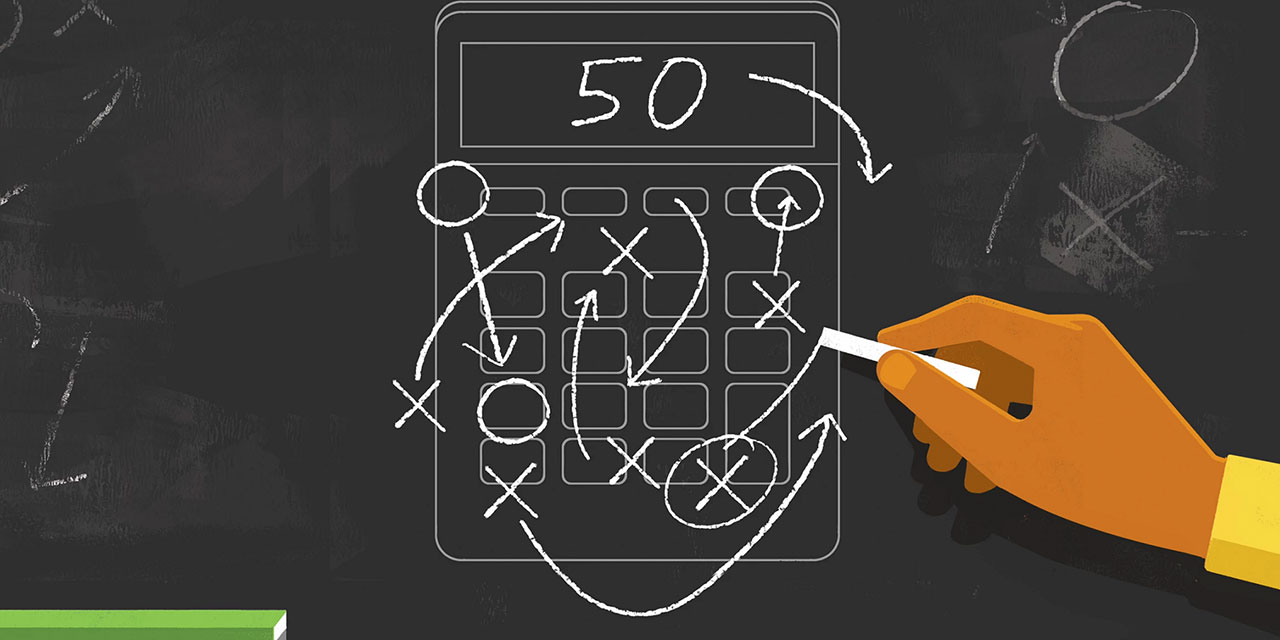 Illustration of a person drawing a calculator on chalkboard. 