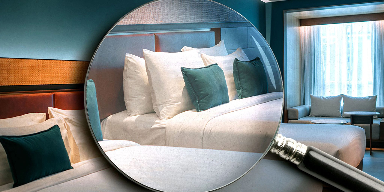 Hotel room under a magnifying glass.