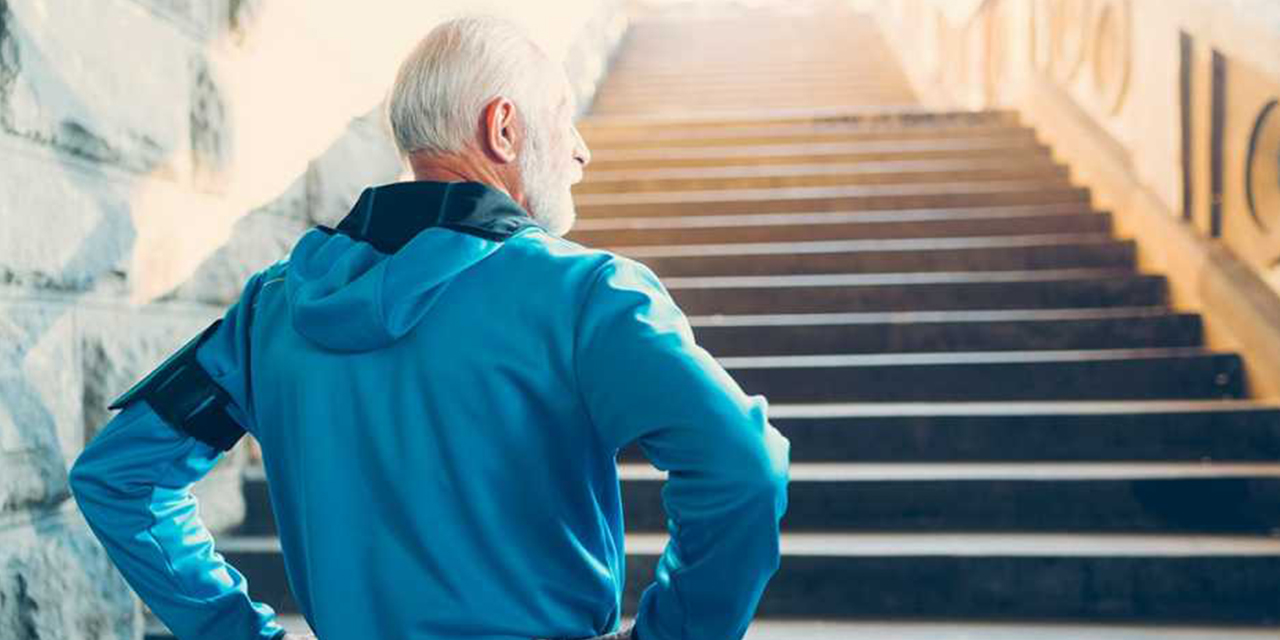 Person standing before a long staircase.