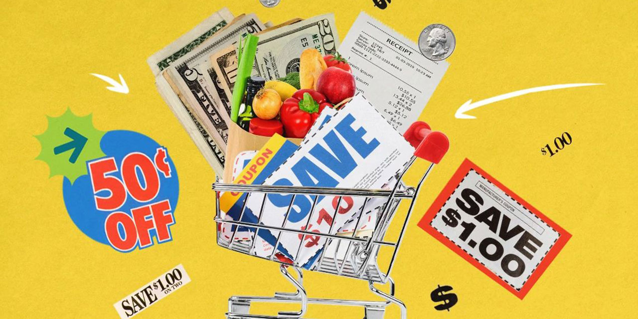 Collage of a grocery cart with items and coupons.