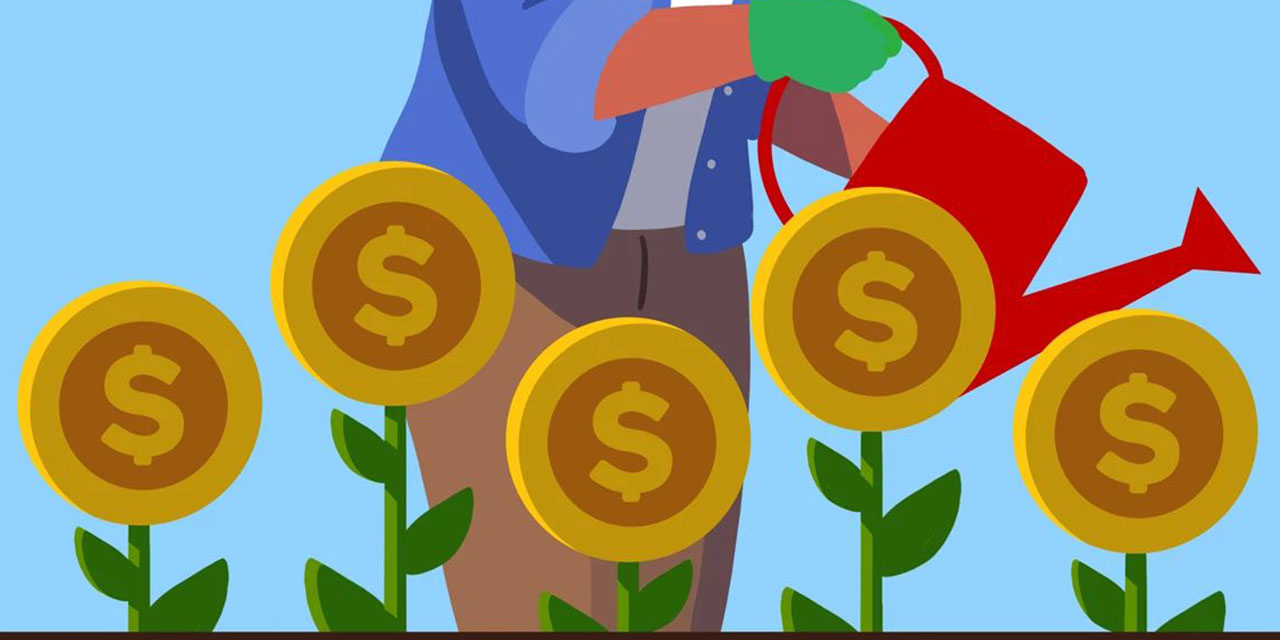 Illustrations of person watering plants with dollar signs. 