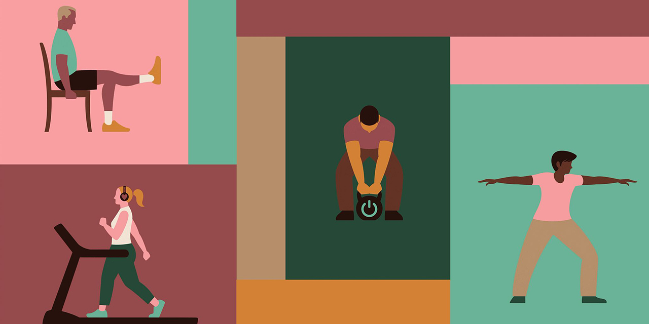Illustration of different people demonstrating a variety of workouts.