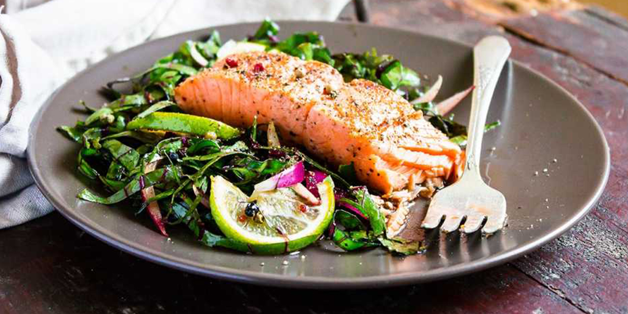 Salmon and salad dish.