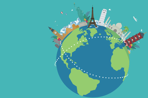illustration of Earth with famous landmarks