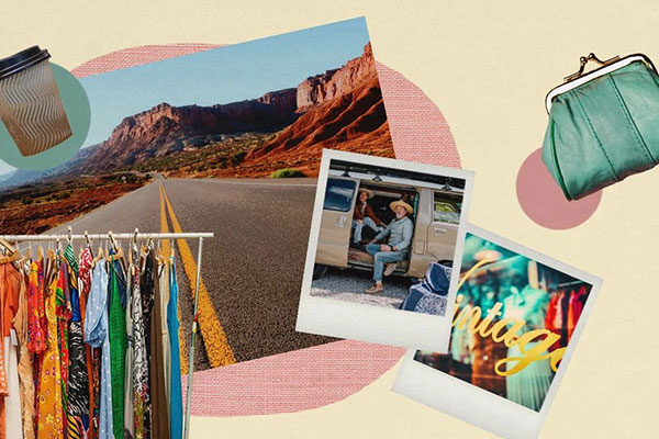 collage featuring coffee cup, vintage purse and clothing rack