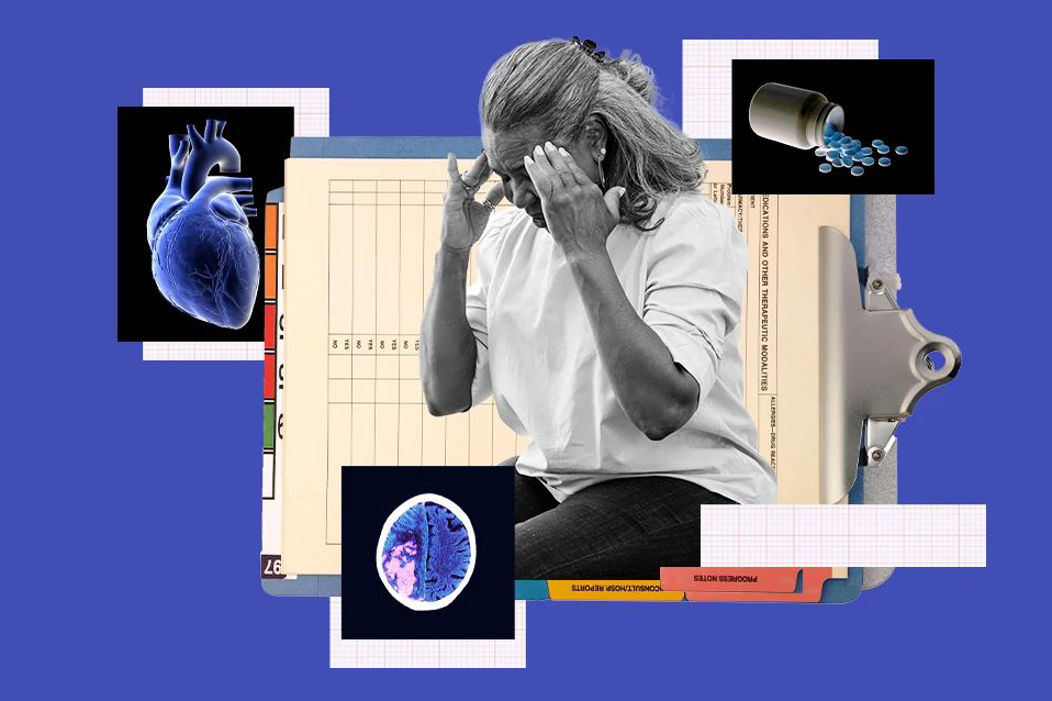 collage showing a woman in pain alongside various body scans
