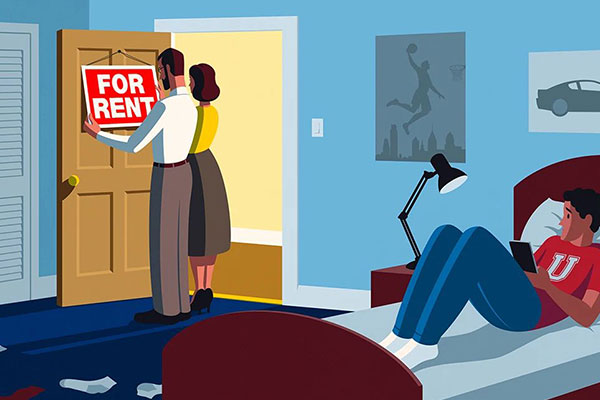 Illustration of parents putting a for rent sign on child's bedroom door. 