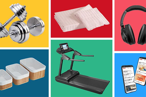 collage of items including treadmill, storage baskets, exercise weights, bedding and more