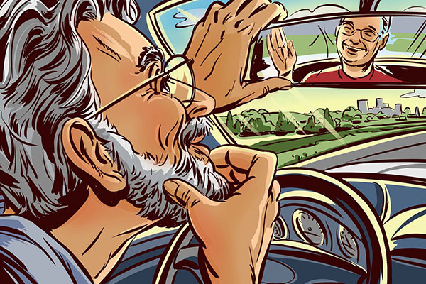illustration of man looking in rearview mirror