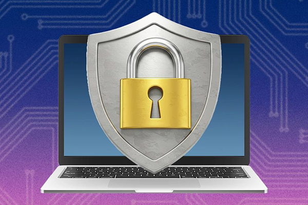 Laptop with a shield and a lock.