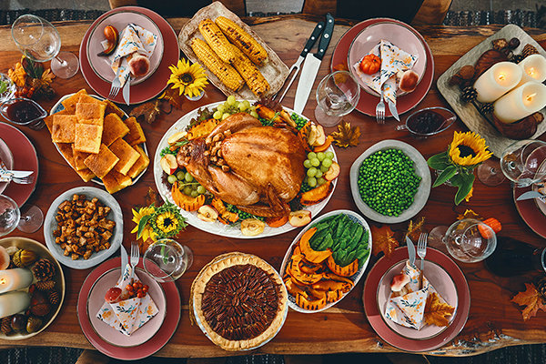 Table set with a variety of dishes.
