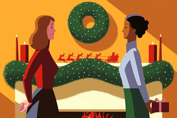 People facing each other, one hiding a giftbox.