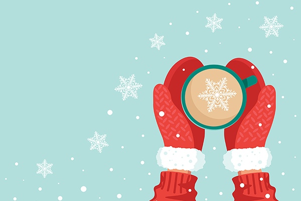 Illustration of person wearing mittens holding hot cocoa.